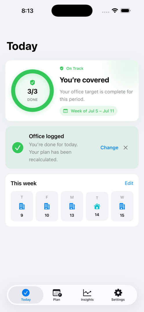 OfficeComply Today screen showing RTO compliance status and office target